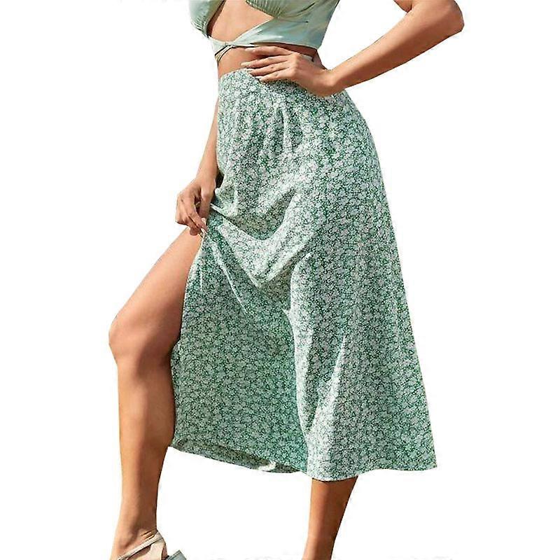 Women's Boho Floral Print Wrap Front Self Tie Knot Ruffle Hem Split Midi Skirt