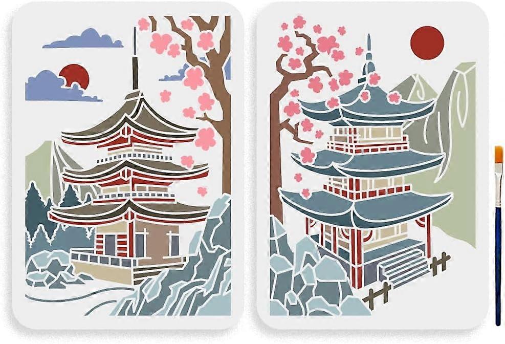 2pcs Japanese Zen Temple Stencil 11.78.3inch Large Japanese Style Temples Stencil with Paint Brush
