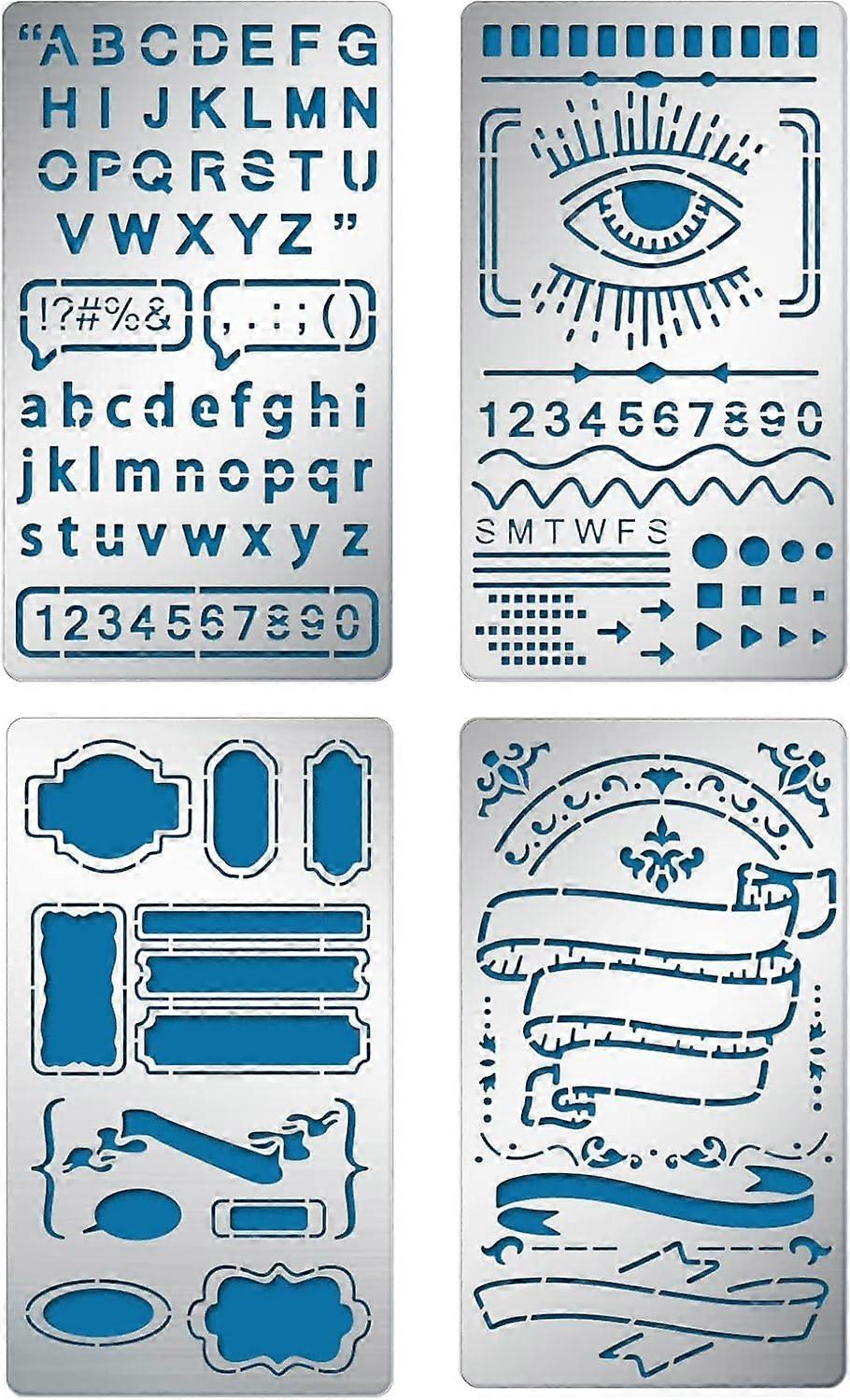 4 Sets 7x4 Inch Alphabet Symbols Metal Stencil 4 Styles Pattern Metal Embossing Stencil Template for Making Photo Decorative Paper Scrapbooking Emboss