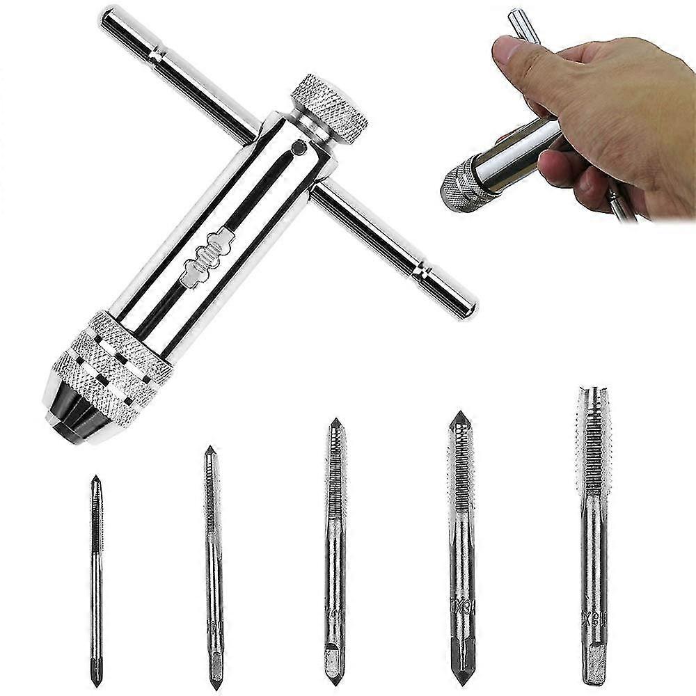 One Hand Ratchet, Tapping Tool Set, T-handle Ratchet Socket Wrench, Adjustable Tapping Tool Kit With 5 Pieces M3 M4 M5 M6 M8 3mm-8mm Thread Machine Sc