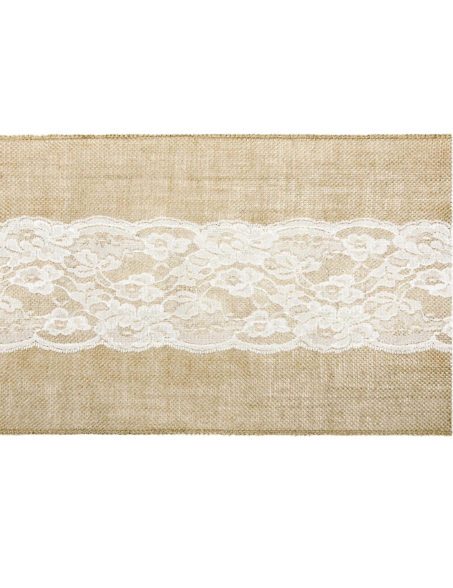 Chemin de table en jute centre dentelle 28cm x 2,75 m