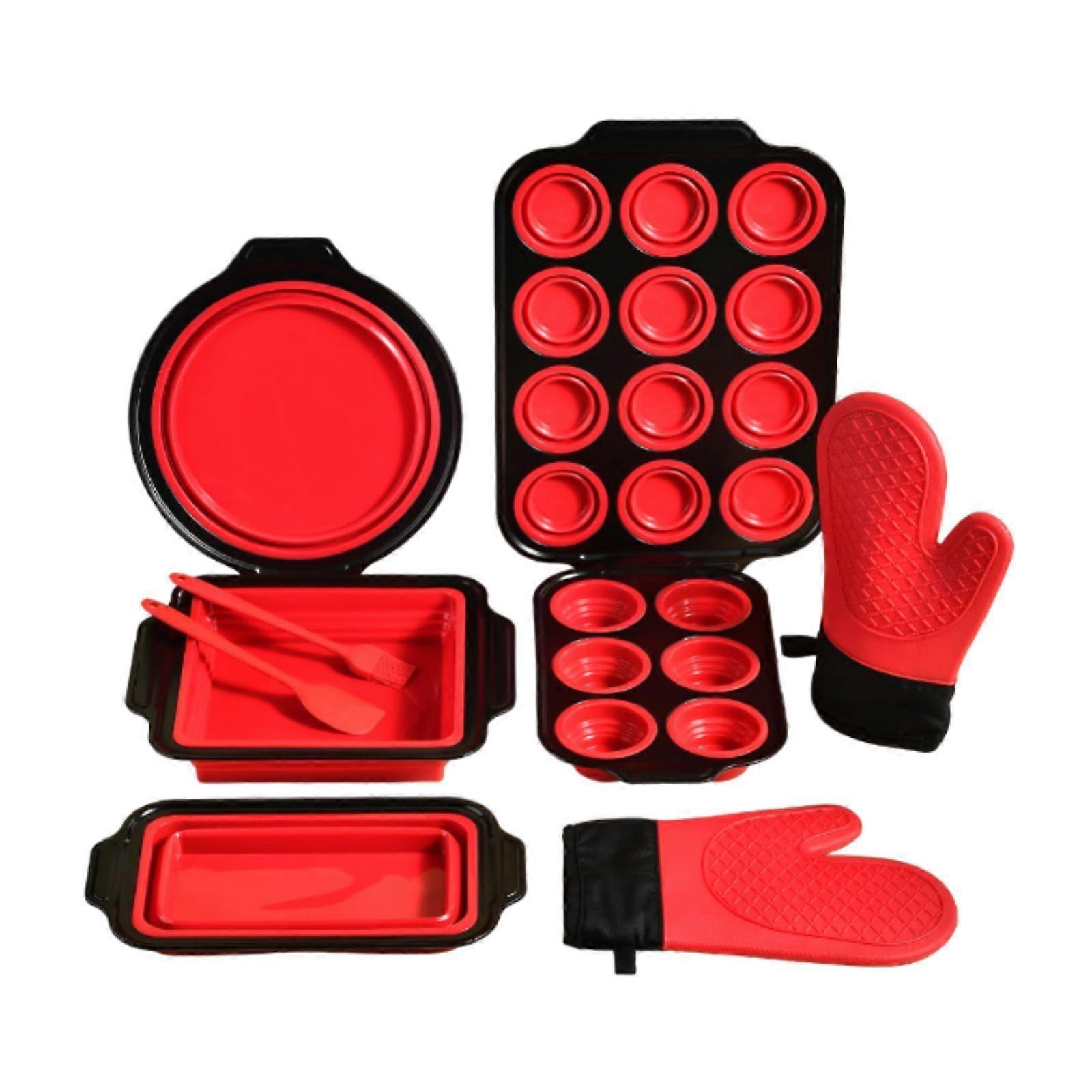 Silicone Baking Pans Set Foldable Non Stick with Grips Silicone Bakeware Set Red 9pcs