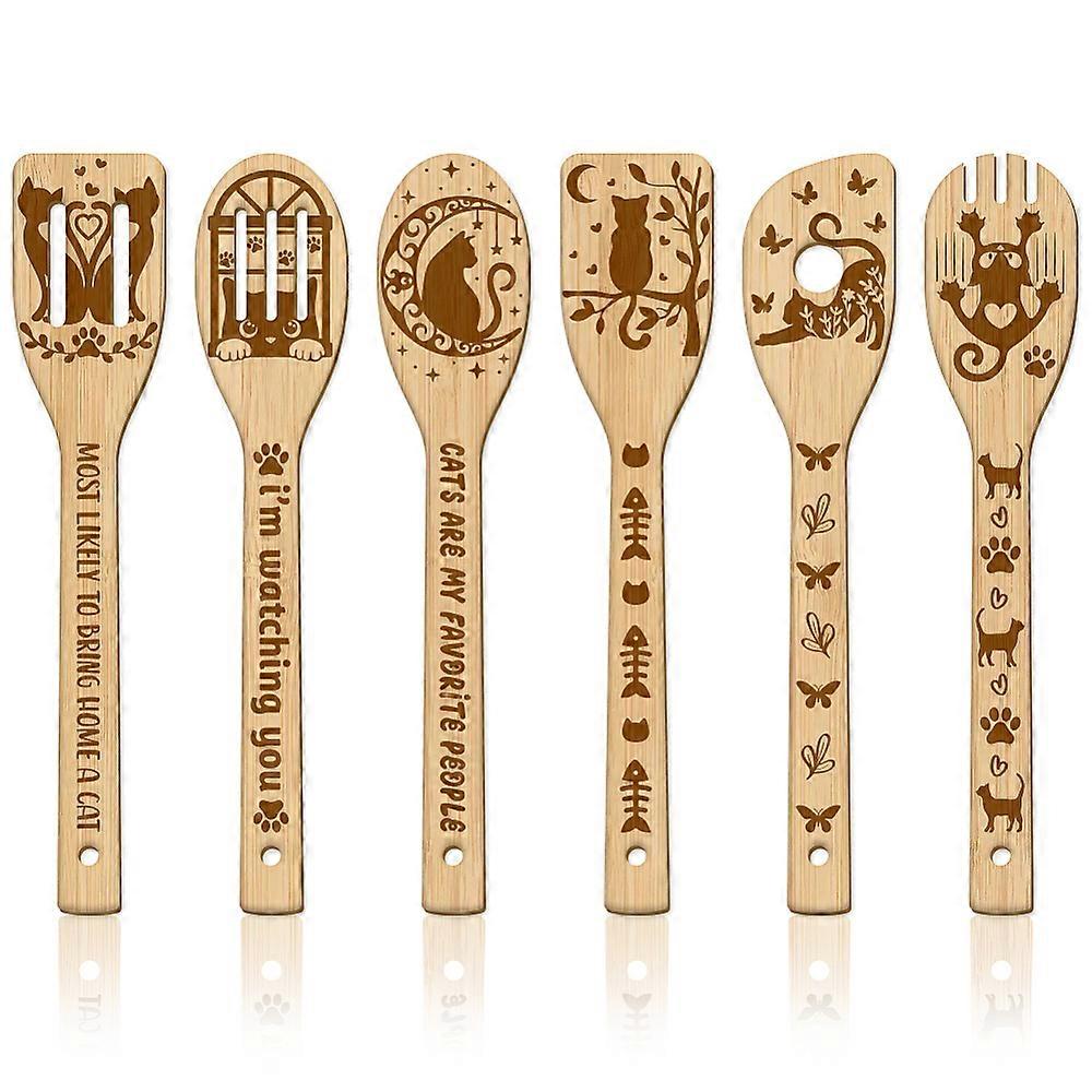 6Pcs Bamboo Spoons & Knifes & Forks Flatware for Dessert Cat Shape 60x300mm 6 style 1pc/style 6pcs/set