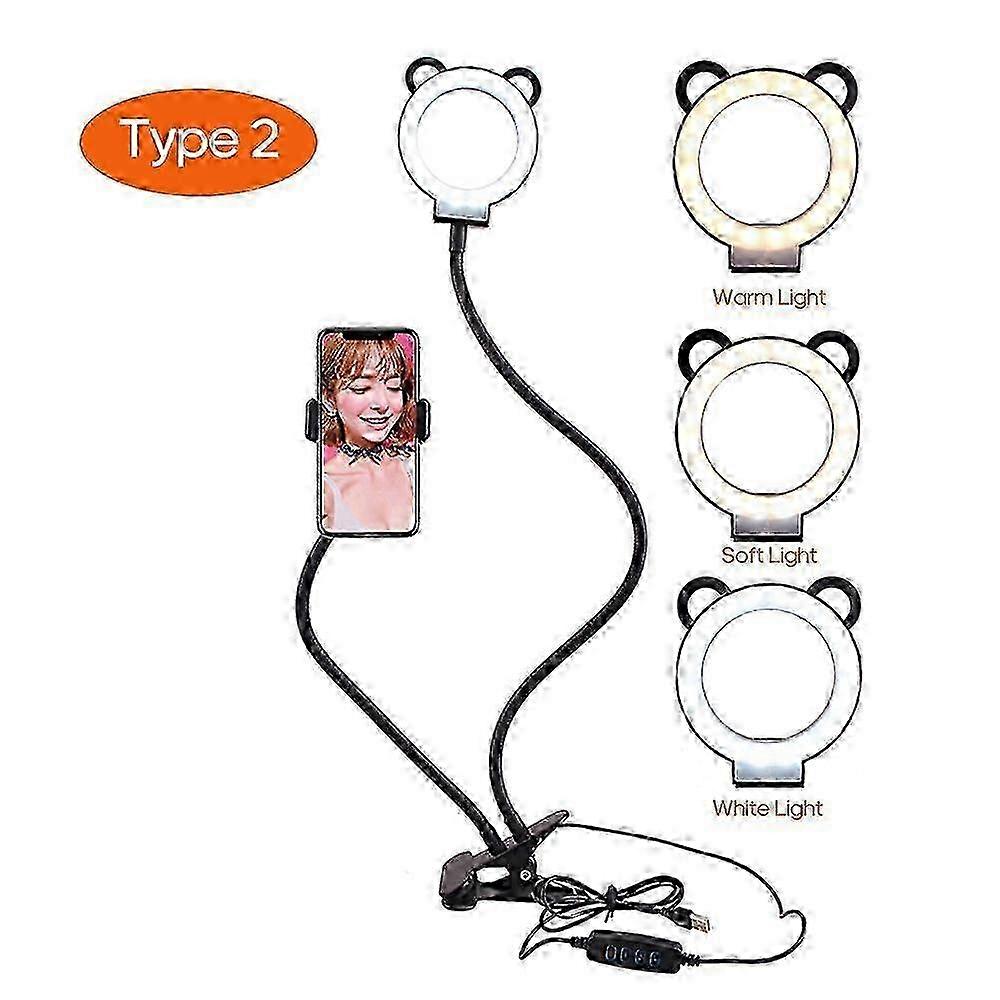 2-in-1 Clip-on Smartphone Holder With Selfie Light 360 Rotation Long Arm Flexible Desktop