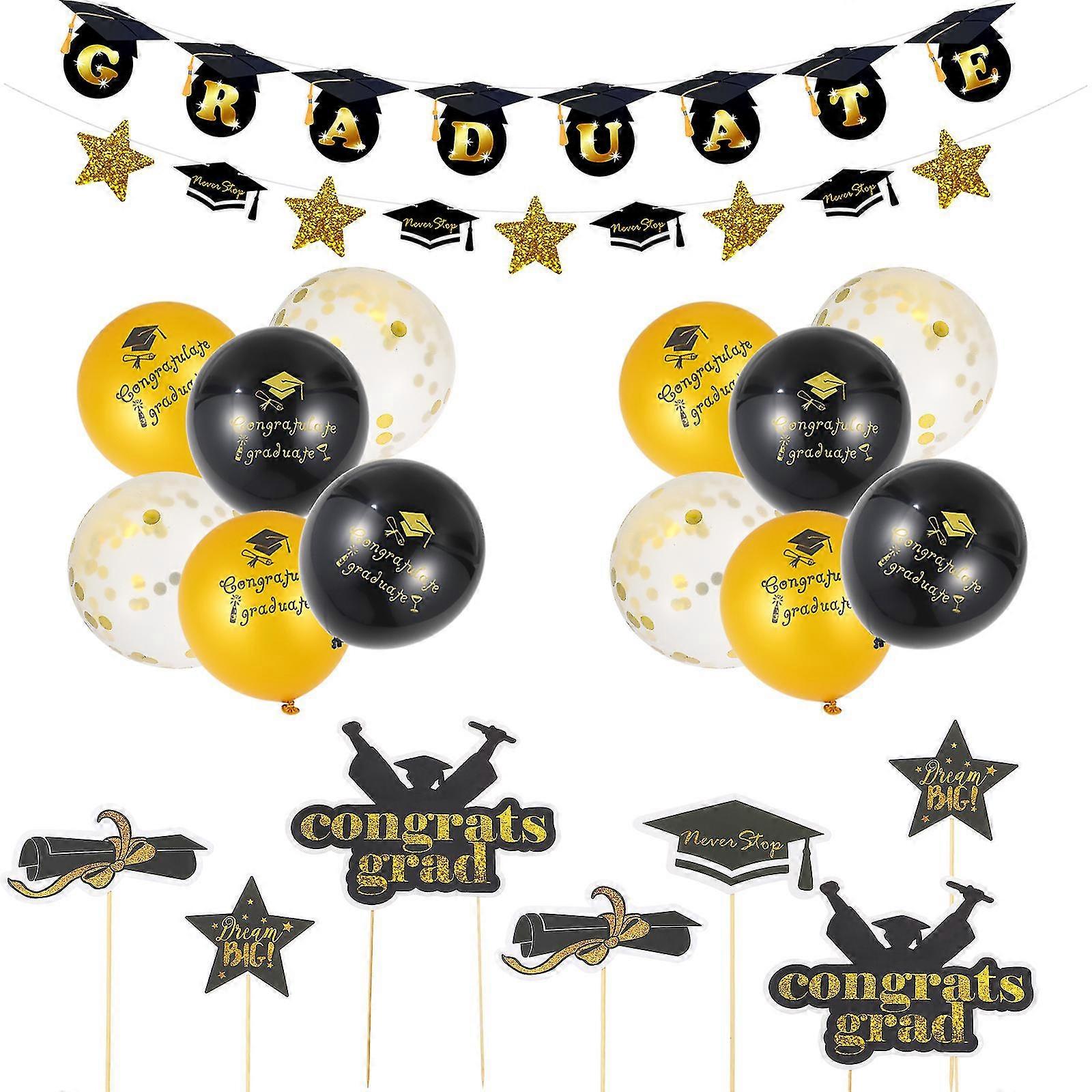 1 Set Graduation Theme Party Decorative Banners Balloons Cake Toppers Kit