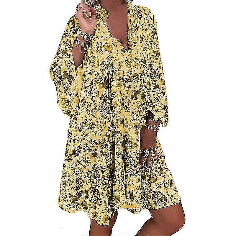 Women Sundress Casual 3/131 Sleeve Button V Neck Dress Boho Loose Baggy Beach Dress - MXBC