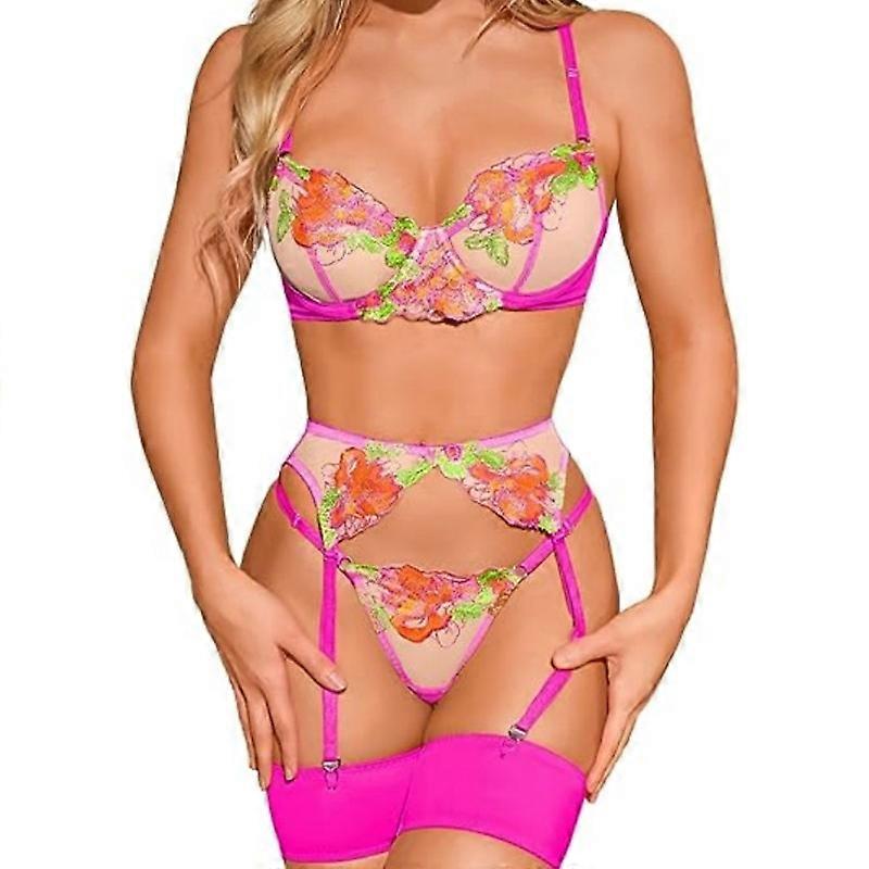 Blumen bestickt, Bügel, G-String, Strumpfgürtel, 4 Stück Dessous