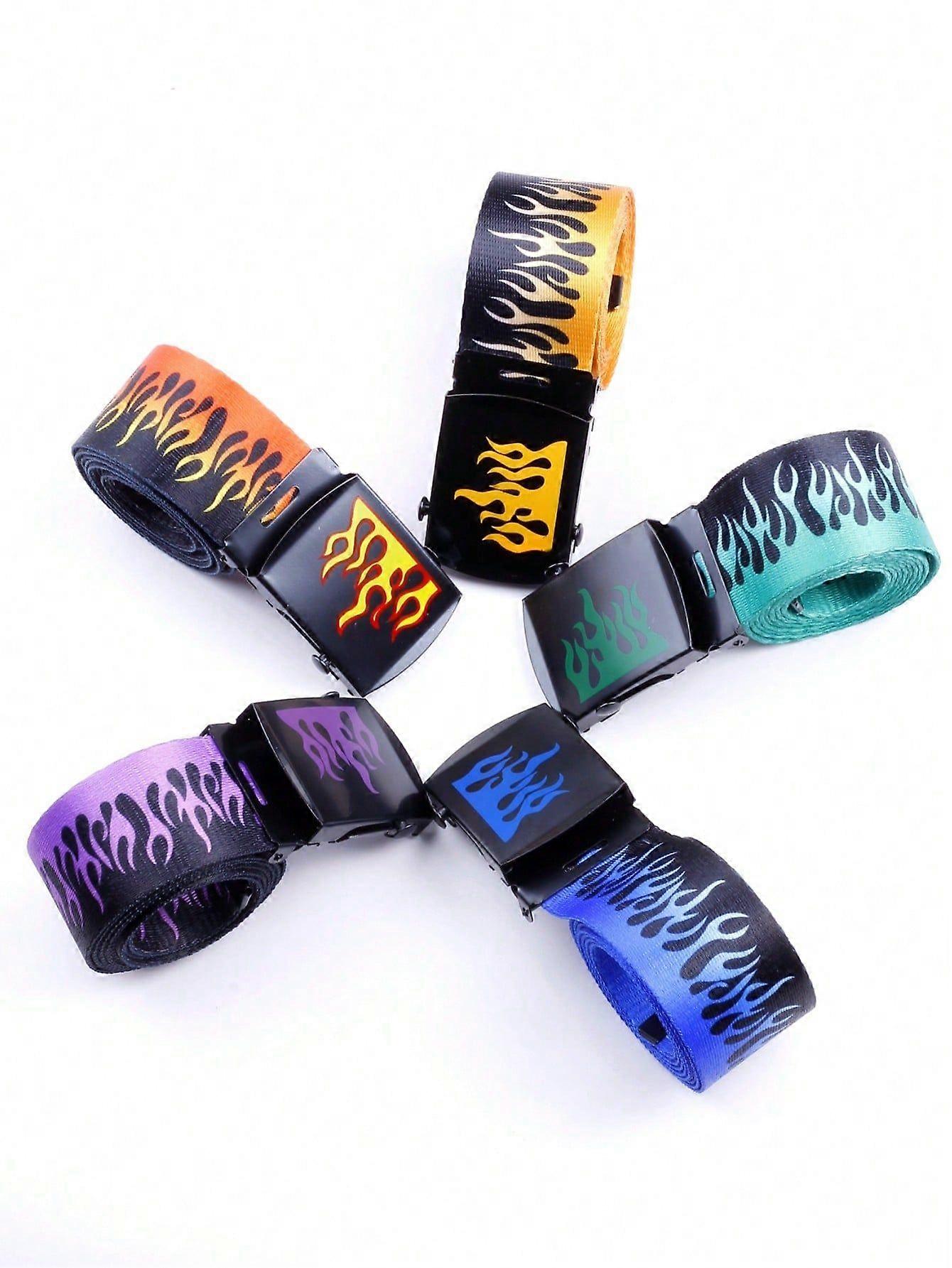 1pc Canvas Flame Print Casual Men's Belt, Can Be Trimmed As Needed Boho,School Halloween