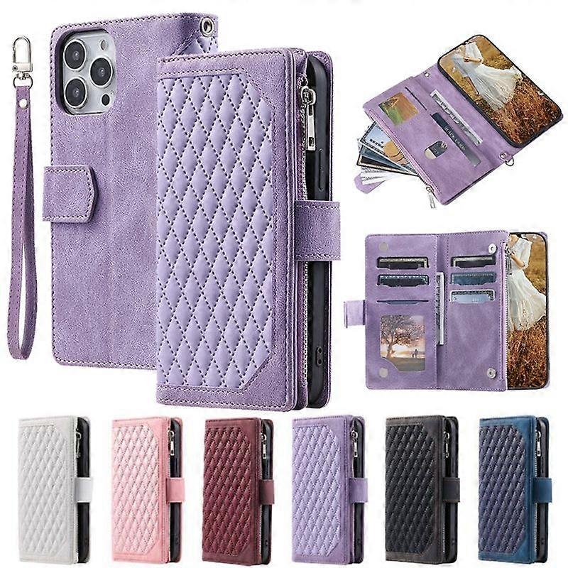 Wallet Case Compatible with iPhone 14 Pro Max/14 Pro, Rhombus PU Leather + Soft TPU Frame Cover with Lanyard