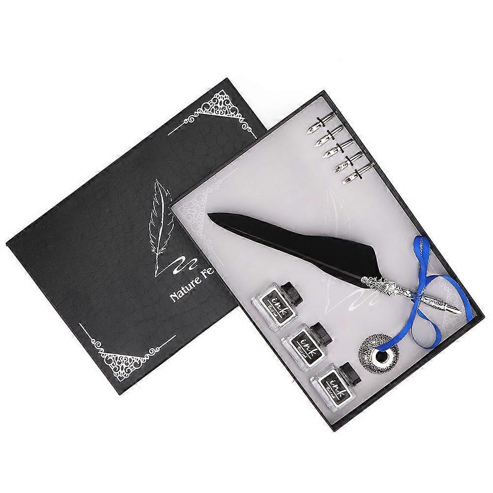 8PCS Retro Calligraphy Feather Pen ink Dip Gift Set (Black)