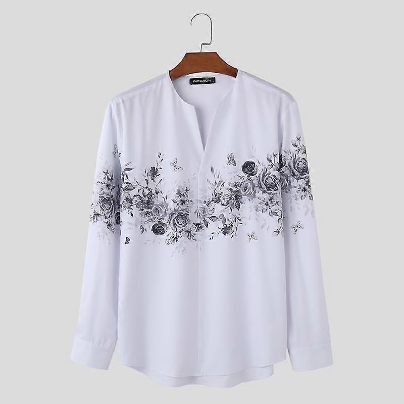 INCERUN Men Floral Printed Collarless Buttons Up Casual Shirts