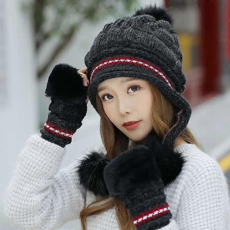 Knitted thermal beanie and gloves  black