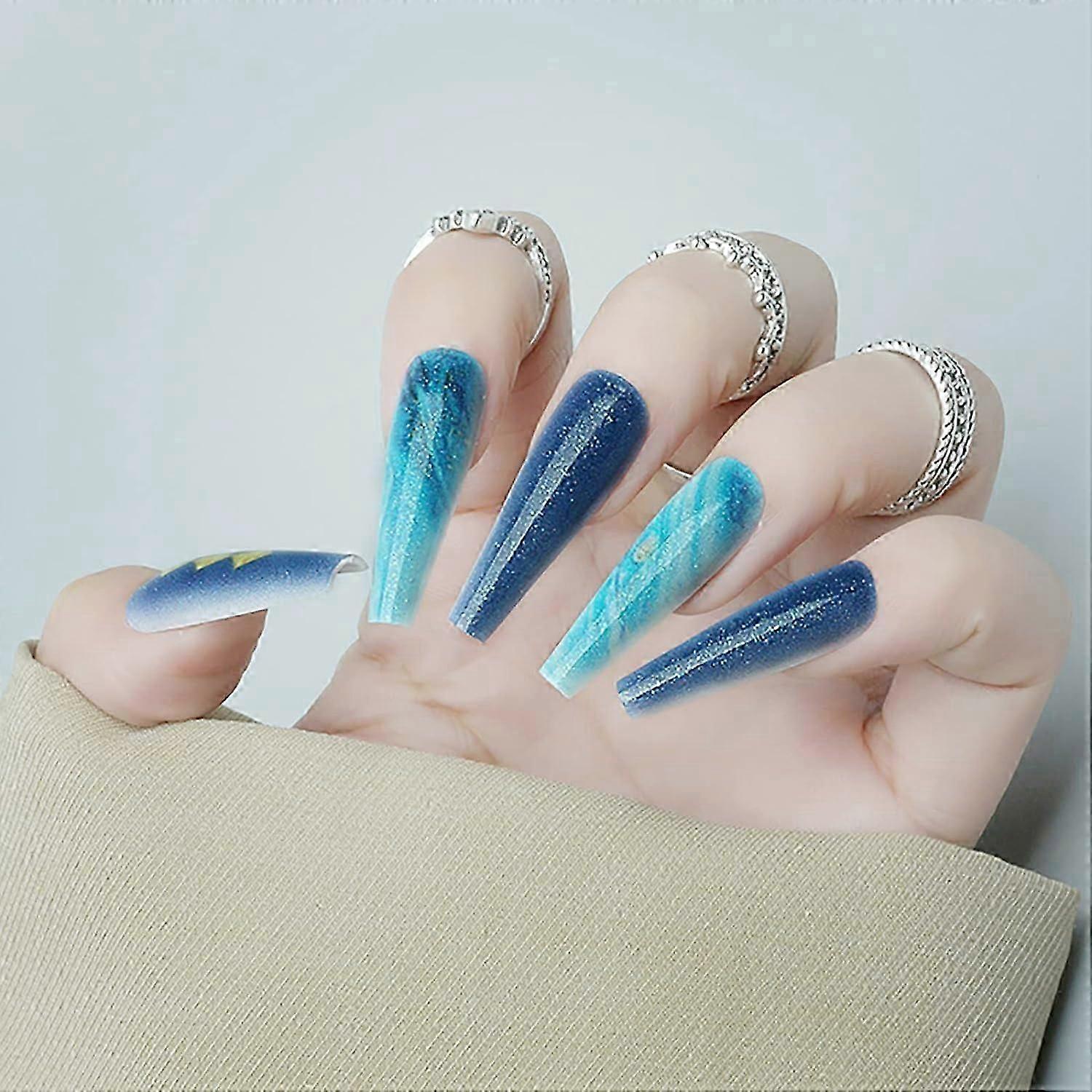 24 Pcs Pregos Prensados em Unhas Longo Caixão, Unhas Falsas KATEA com Cola para Unhas, Unhas Postiças com Desenhos Unhas Acrílicas Cola em Unhas para Mulheres e Meninas (Azul)Não