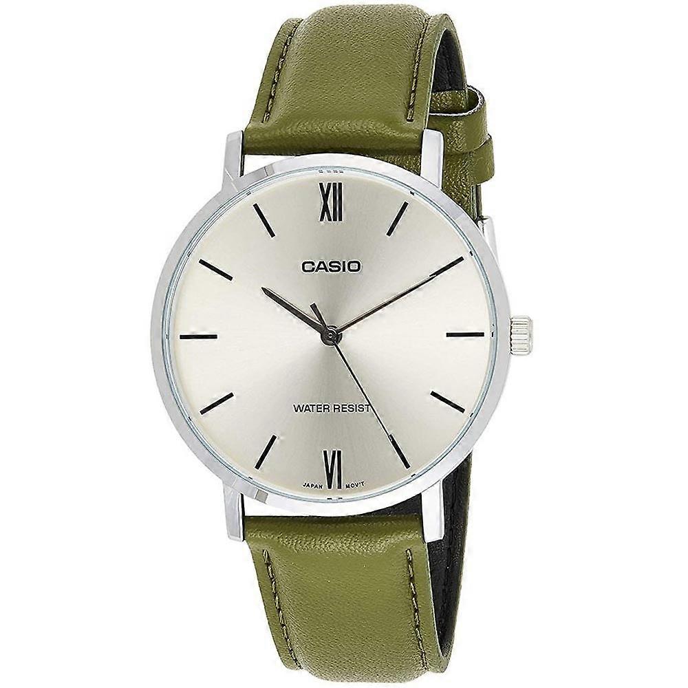 Casio Mtp-vt01l-3budf Men's Analog Watch – Green Dial With Brown Leather Strap