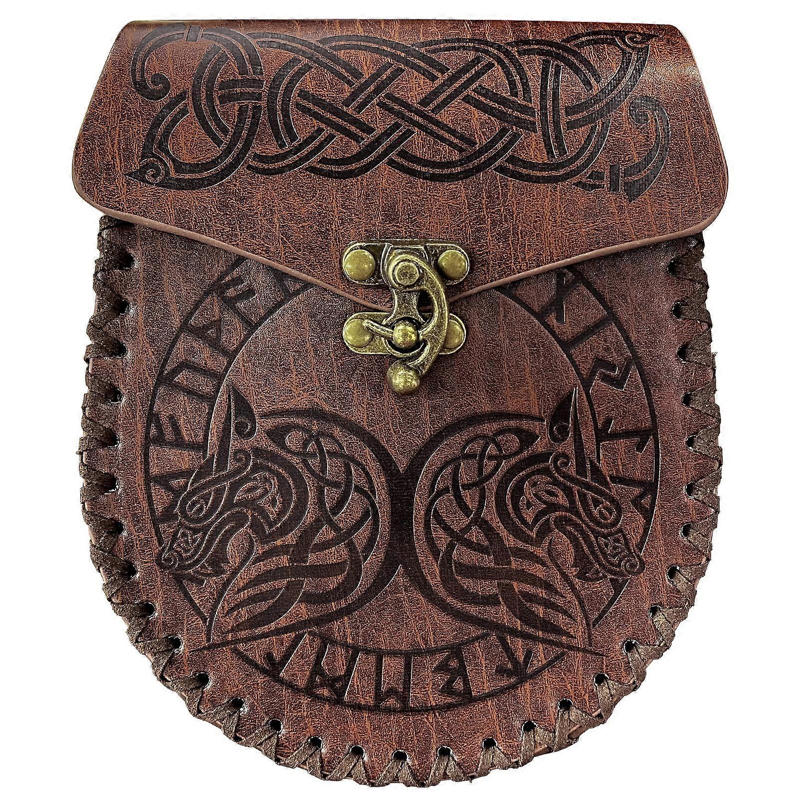Brown Embossed Belt Bag - Viking Vintage Leather Fanny Pack for Men and Women, Medieval LARP Pouch, Adjustable Size
