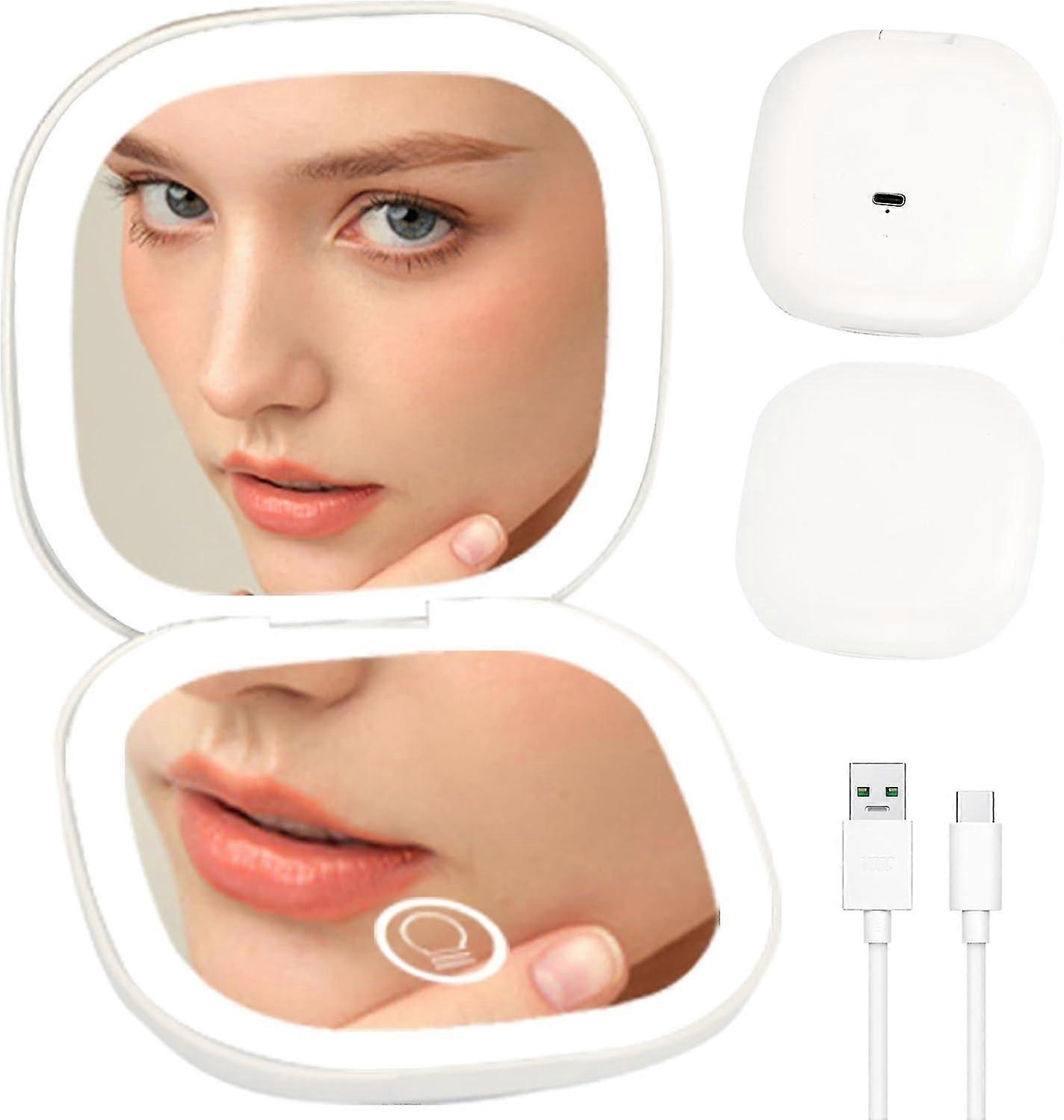 Rechargeable Led Compact Makeup Mirror With Light And Magnification 1x/10x, Double-sided Travel Makeup Mirror With 3 Light Colors Adjustable Bright