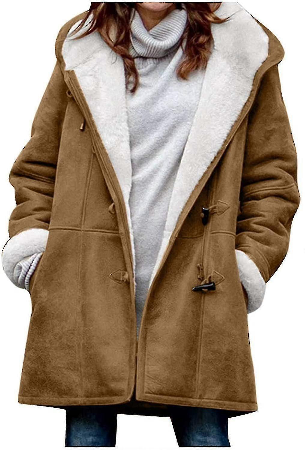 Kvinner Vinterfrakk Tykk varm fleece hettejakke damer Casual Plus Size Parka jakke (brun)