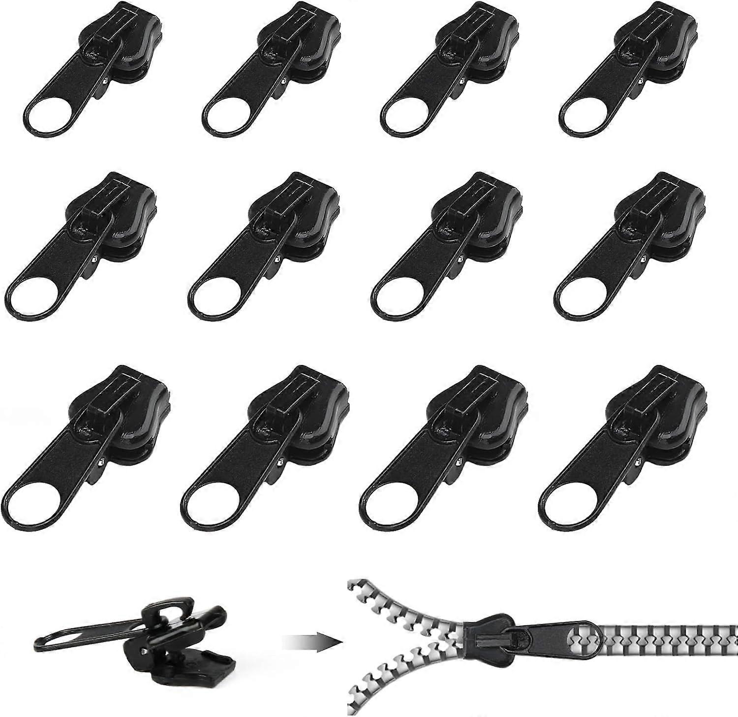 12pcs Clip-on Zipper Sliders, Clip-on Zipper Sliders, Zipper Sliders Multiple Sizes, Instant Replacement for Jacket, Coat, Suitcase (Black)