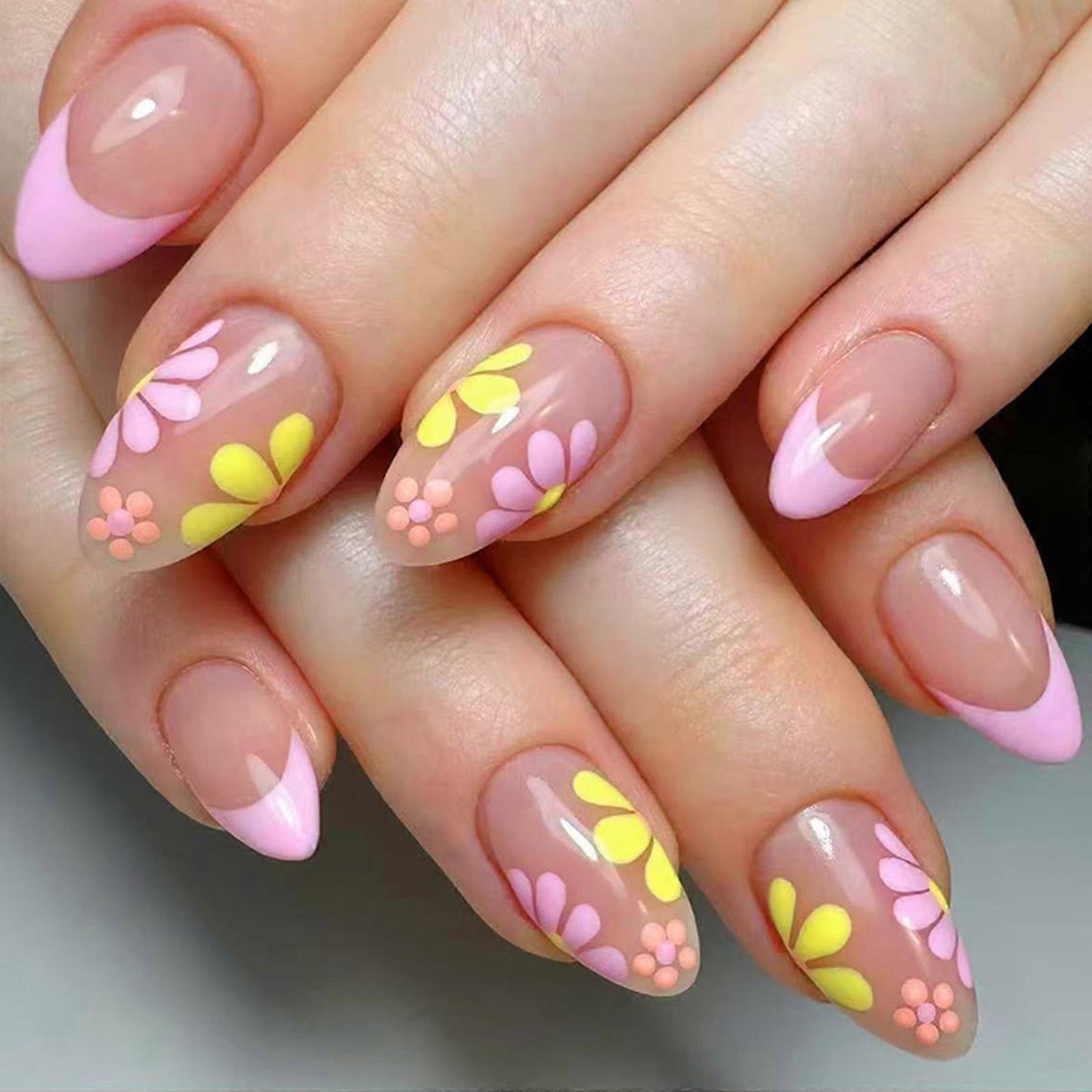 24 pezzi di unghie finte a forma di mandorla, a forma di fiore, in acrilico, con colla per unghie artificiali, per donne e ragazze.