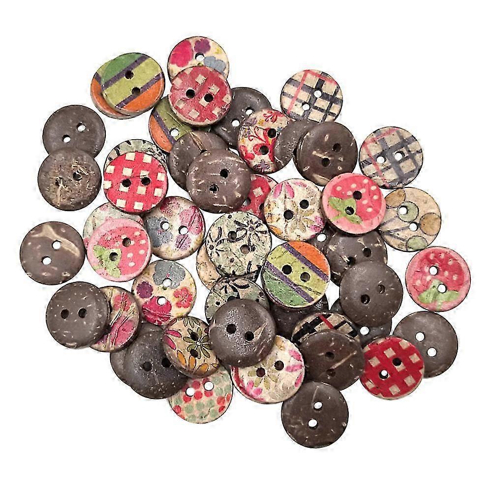 50pcs Wooden Printing Buttons 2 Holes DIY Cartoon Wood Buttons Environmental Colorful Printed Coconu