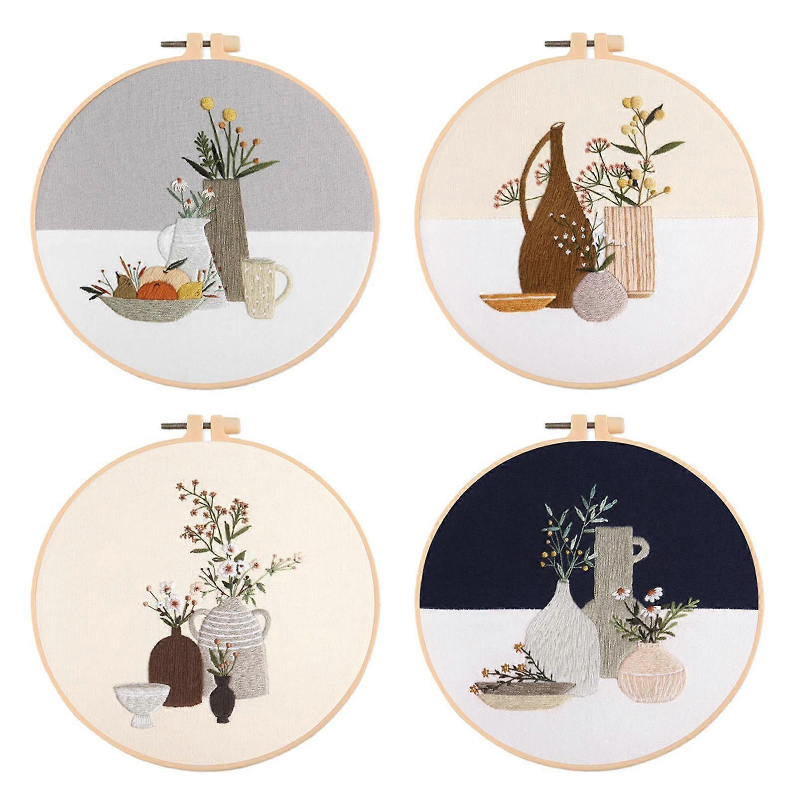 Set of 4 Beginners Embroidery Kit Cross Stitch with Hoop Beautiful Pattern
