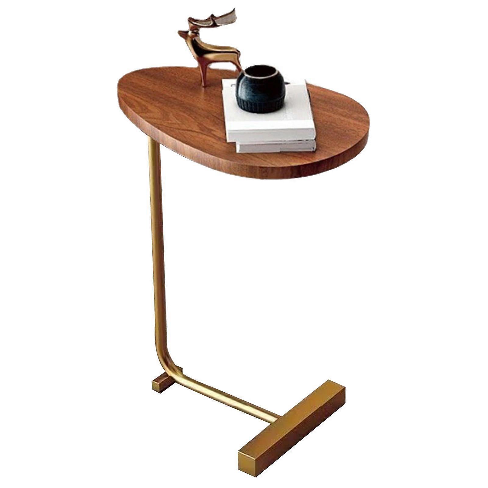 Small Side Table Modern Dark Wood Grain Space Saving C Shaped End Table for Living Room Sofa Hotel Flat Design and Gold Frame