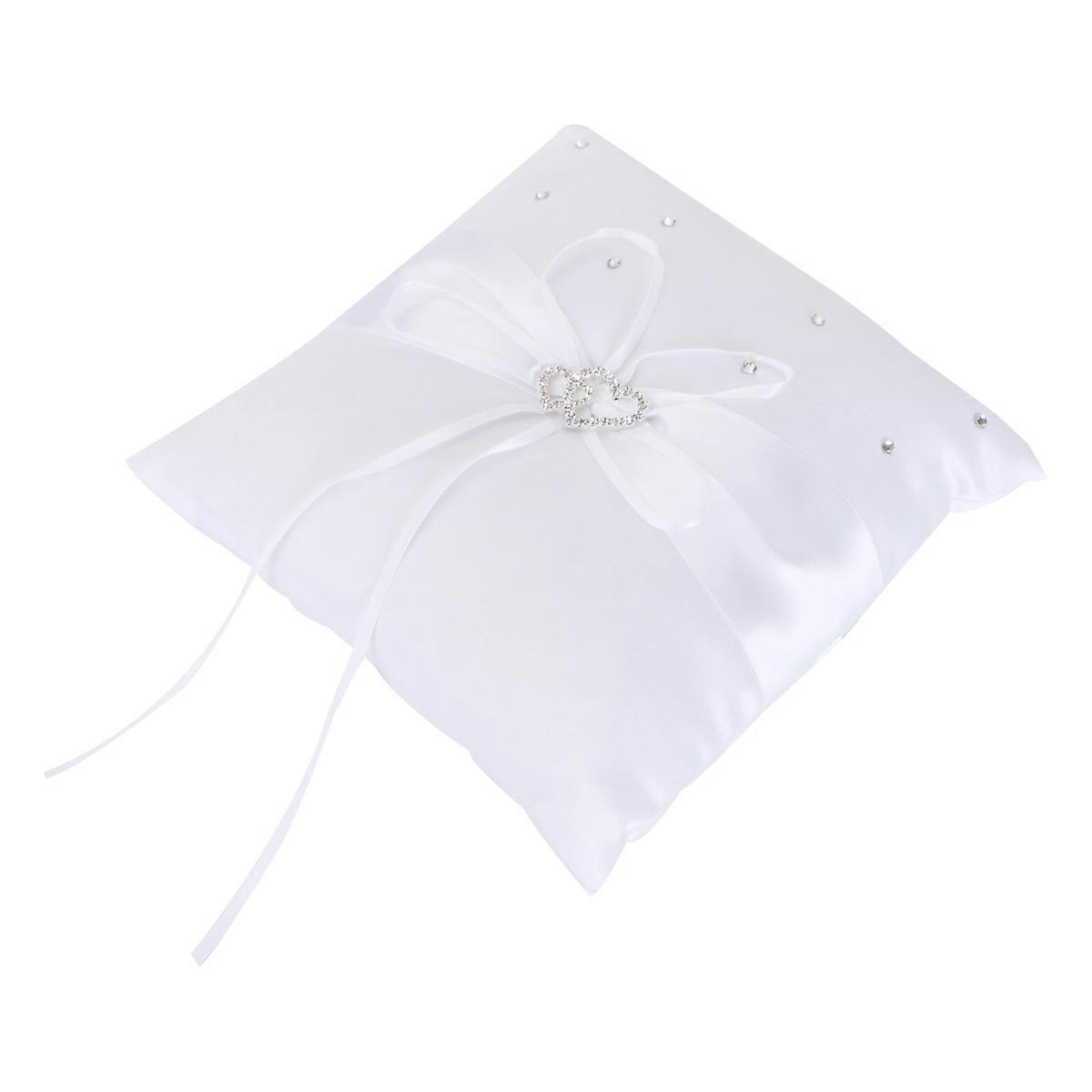 Wedding Decorative Pillow Double Heart Bridal Ring Pillow Cushion With Satin Ribbons White 20x20cm 1Pack