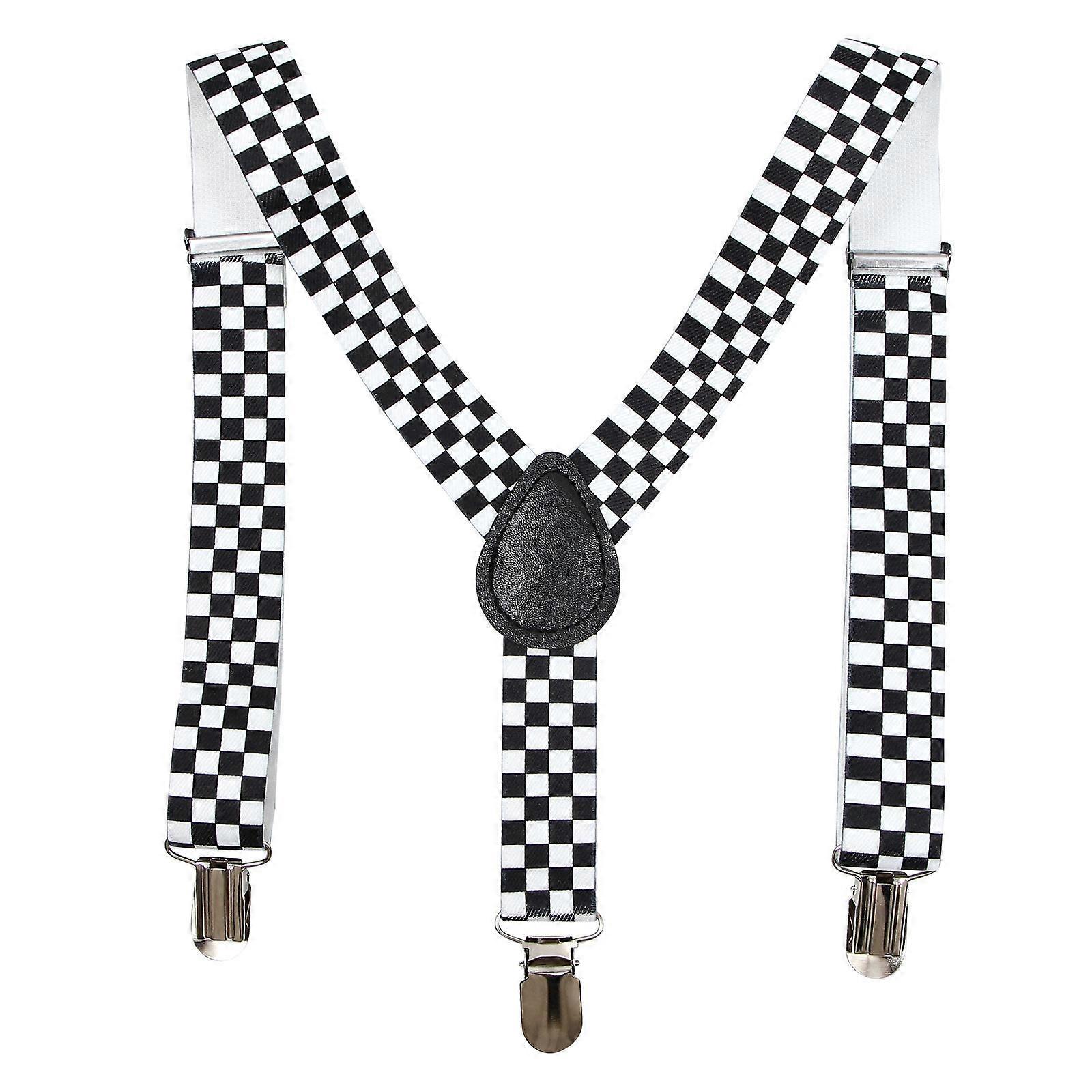 Adjustable Y-Back Suspender Clip-On Braces Elastic for Trousers Black White 1Pack