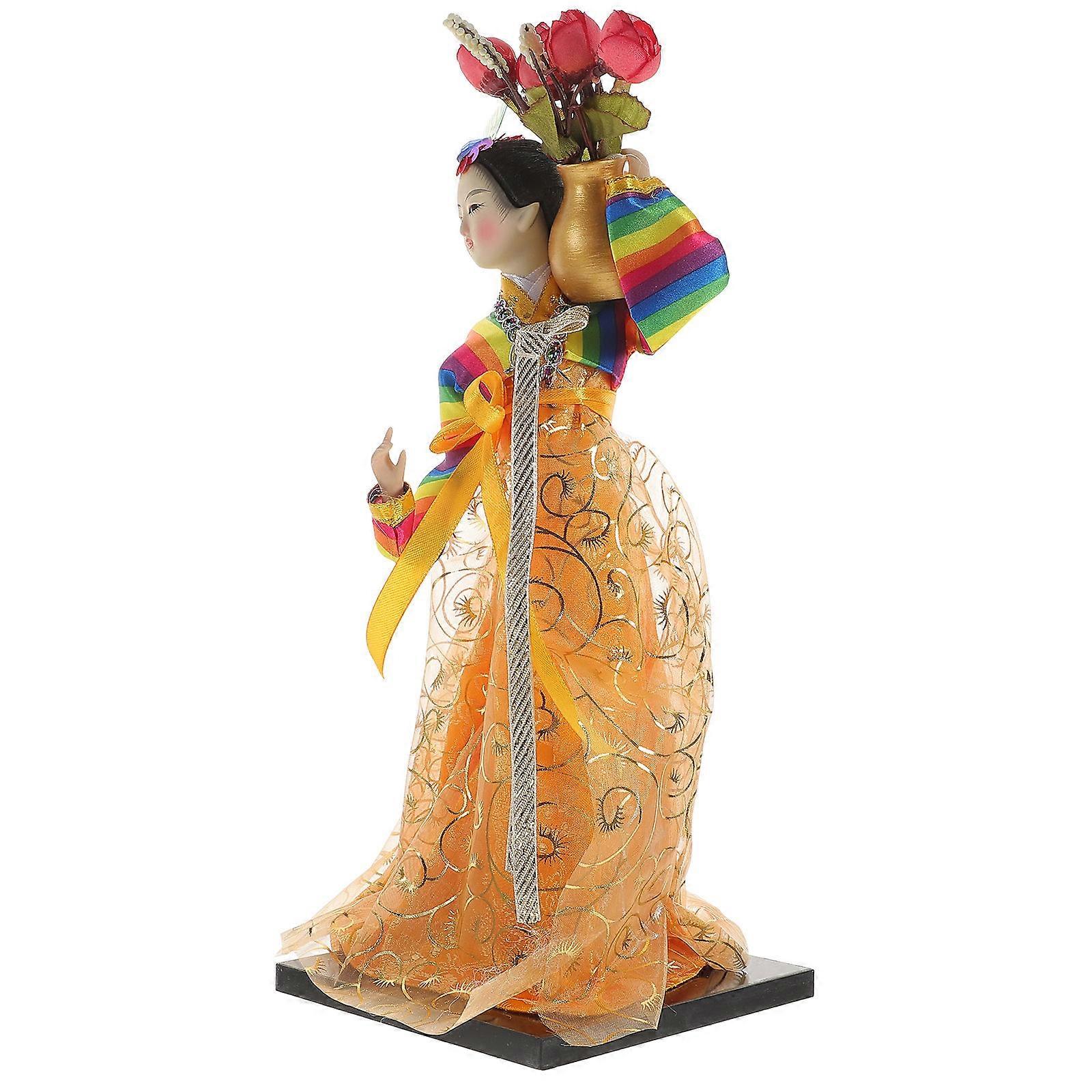 Silk Fabric Korean Hanbok Doll Artistic Enhancement for Indoor Display 30X12.5CM 1Pack