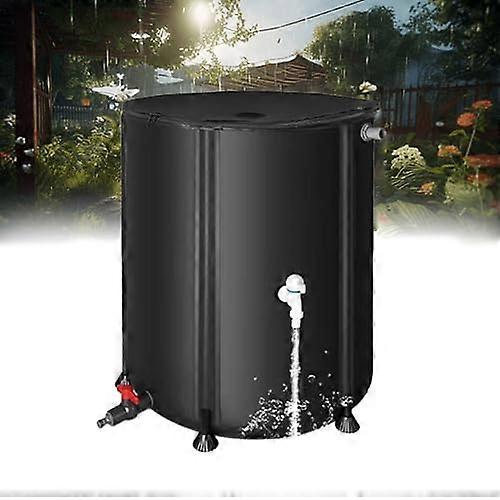 Foldable rain barrel with stand and tap, spacesaving 250L water storage system for garden, including zippered cover in black.