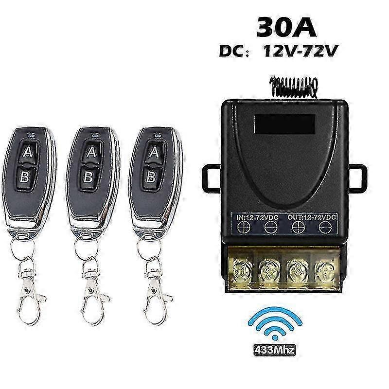 Wireless Remote Control Switch RF 433MHz - 30A Relay Receiver for DC 12V/24V/48V/72V with 50 Meters Range - Compatible with LED & Fans