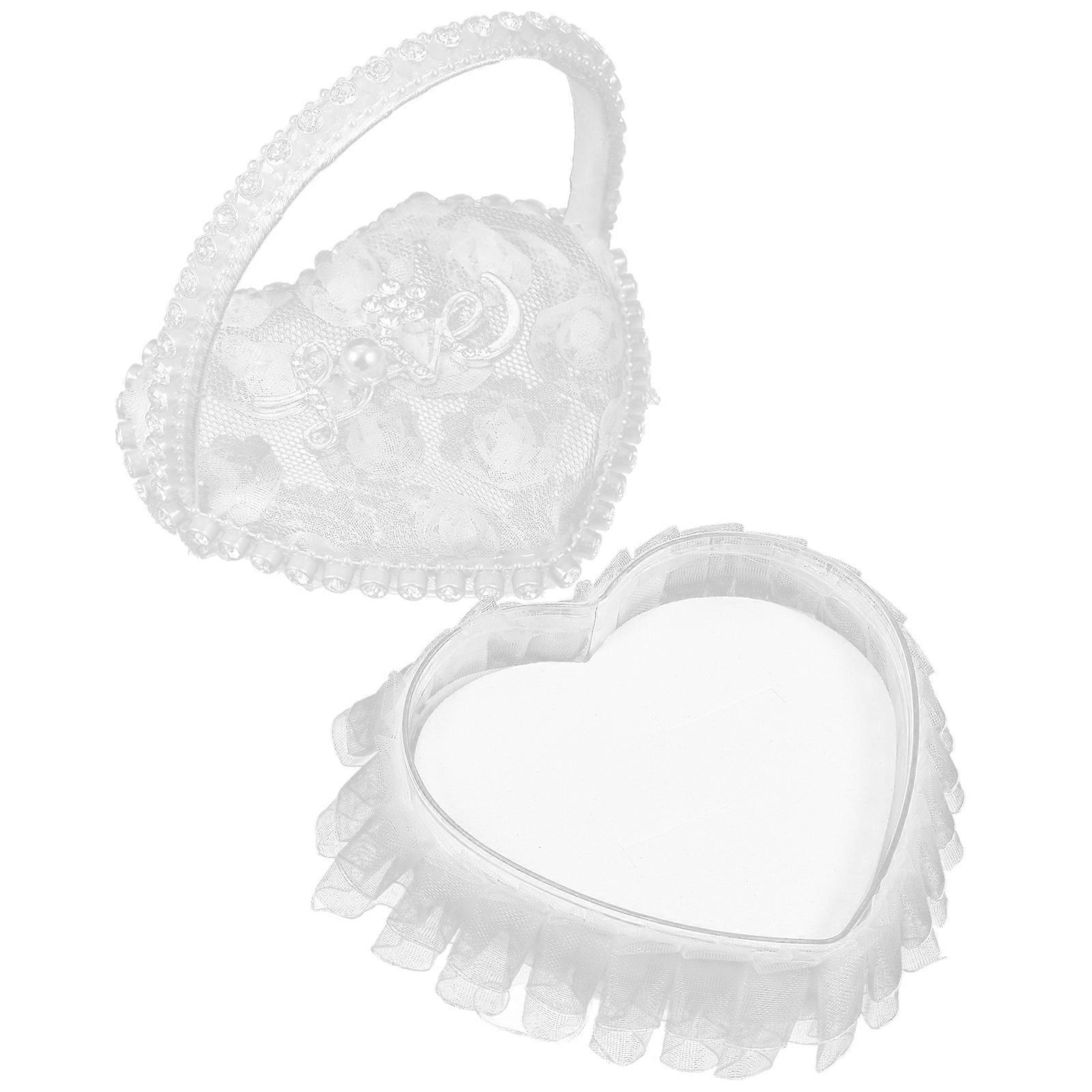 Heart Shape Lace Wedding Ring Pillow with Handle Engagement Ring Box Holder 2pcs
