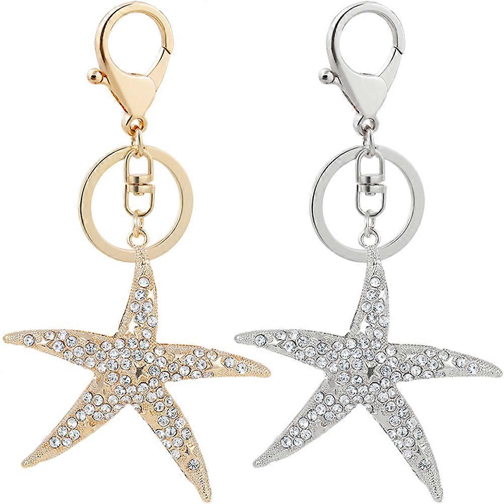 2pcs Ocean Inspired Sea Star Key Chain with Rhinestone Pendant Ring