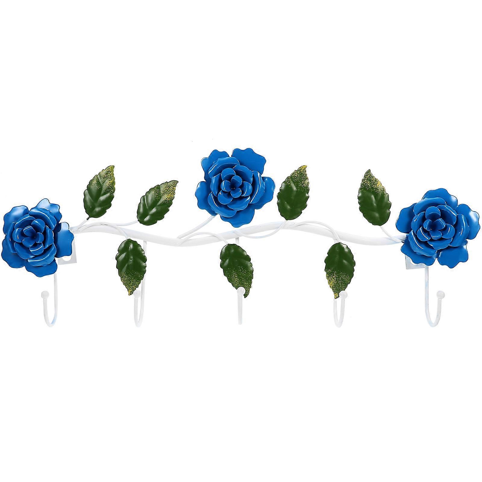 Blue Iron Wall Hook Rack with Unique Rose Design for Home Use Vintage Style Decorative Storage Solution