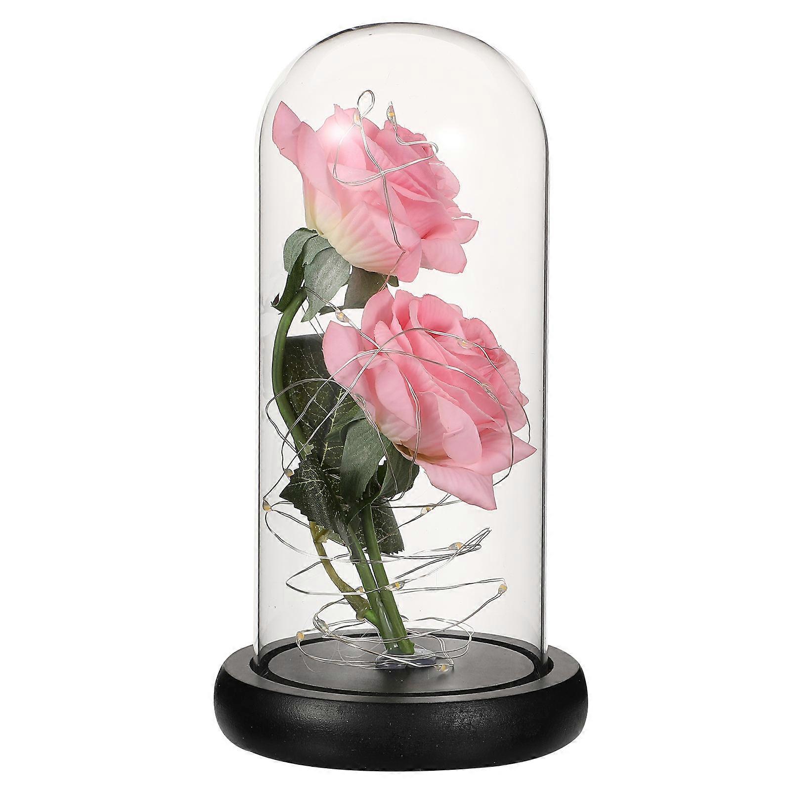 Lighted Rose In Glass Dome Pink Eternal Flower Desk Decoration Wooden Base 1Pack