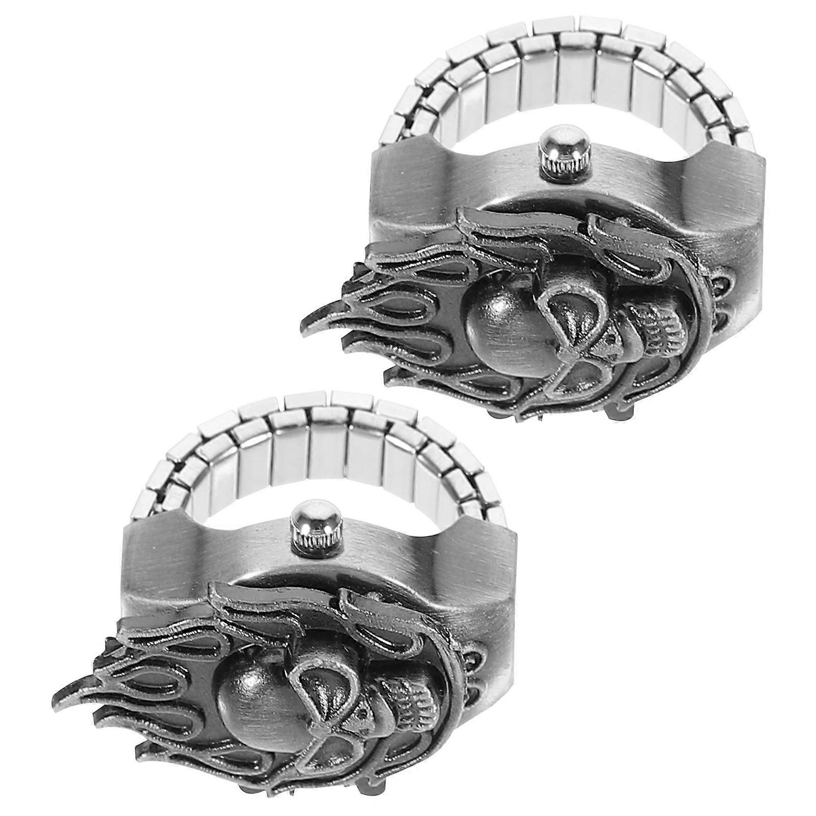 Elasticity Finger Watch Ring For Daily Use Black Retro Style Time Telling 2Pack