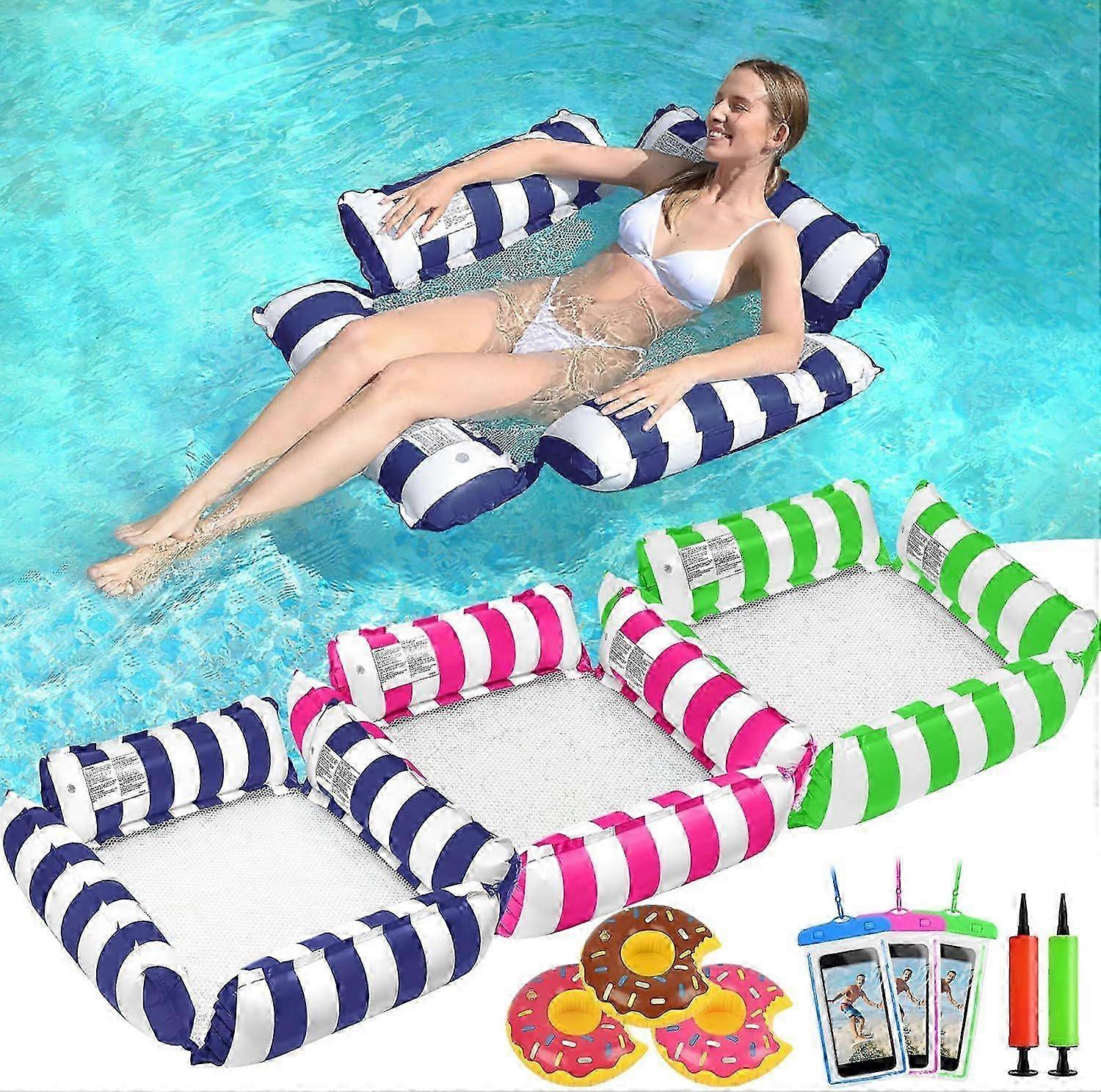 3 Pack Inflatable Pool Floats Adult, 4-in-1 Multi-Purpose Pool Float Water Hammock with Cup Holders, Pool Floaties compatible Adults Swimming Pool Lak