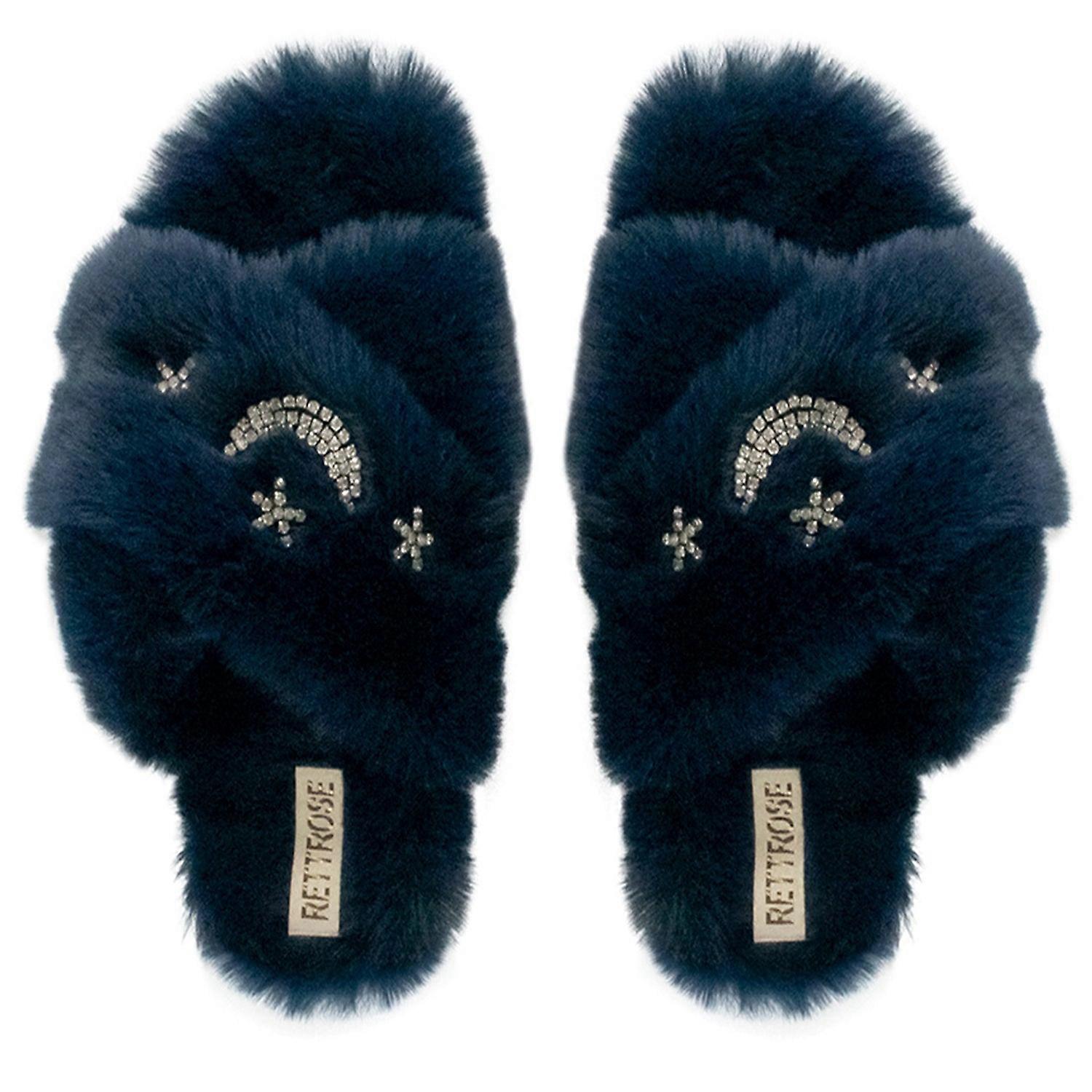 Isabel navy plush handmade slipper with diamanté moon & star embellishment