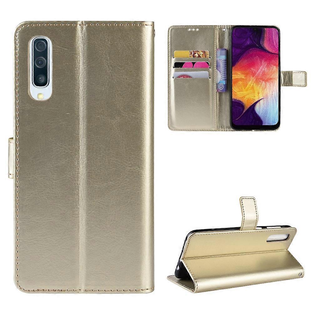 Crazy Horse Leather Wallet Stand Phone Cover with Strap for Samsung Galaxy A50 A50s A30s - Gold