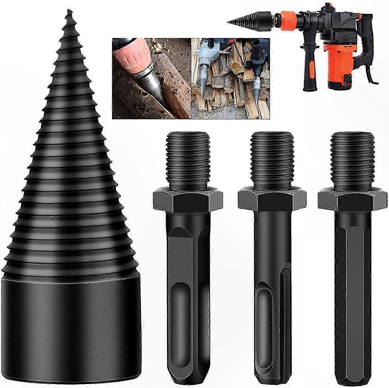 3-Piece Firewood Splitting Drill Bit Set with Removable Cones for Efficient Wood Processing