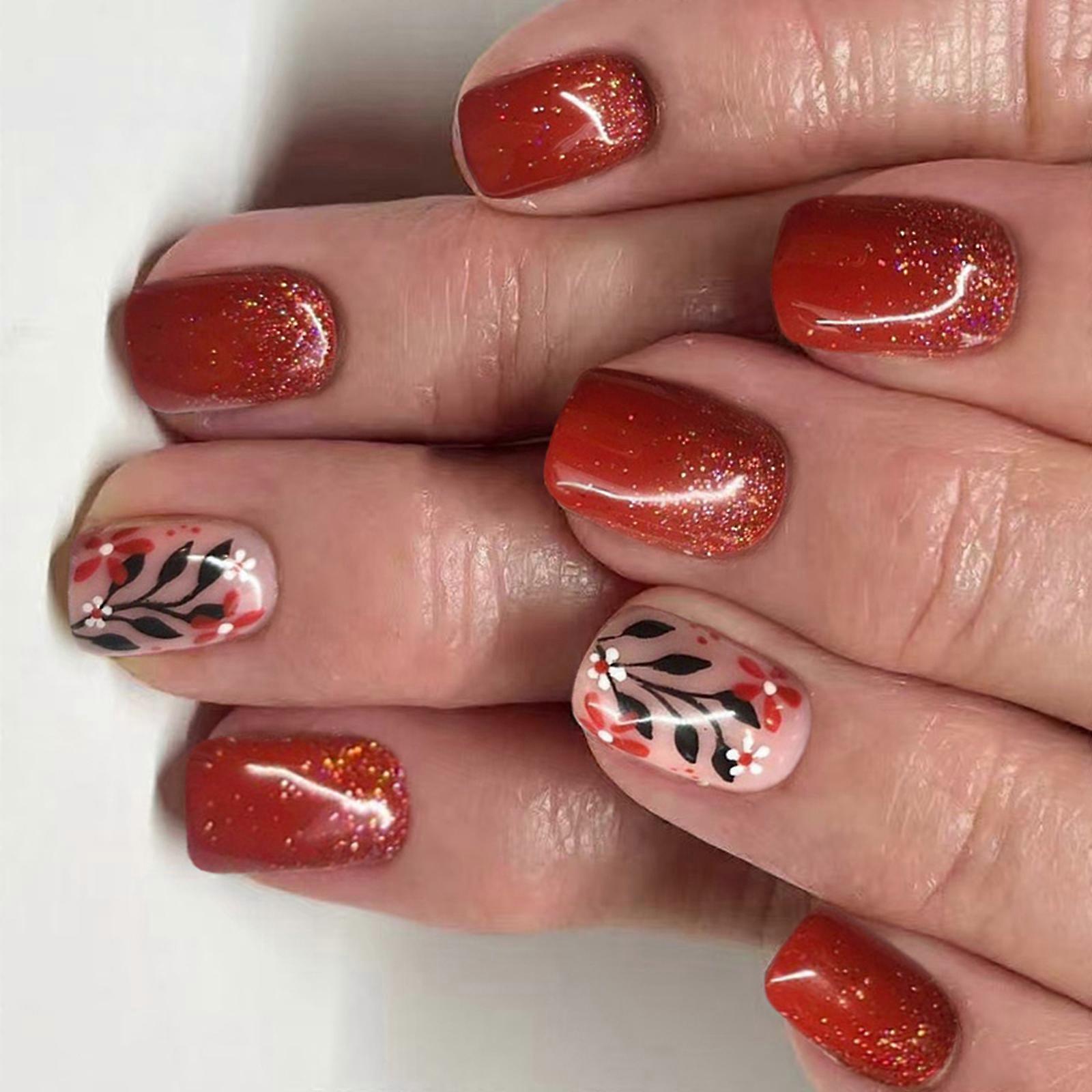 Reusable Press On Nail With Leaf Flower Patterns Sturdy Fake Nail For Day Convenience Easy Application Removal 24pcs Multicolor