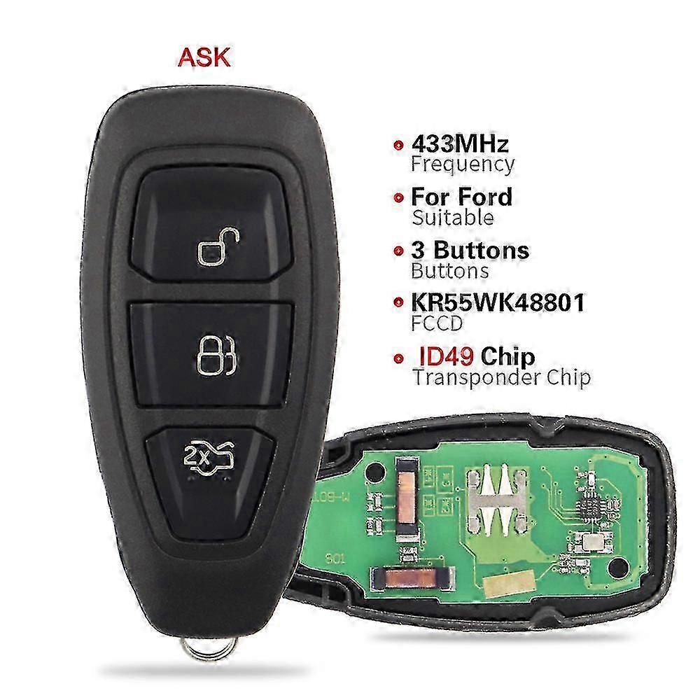 433mhz 3 Buttons Remote Car Key For Ford Mondeo Kuga Fiesta Focus B C-max 2011 2012 2015 Kr55wk48801 Keyless Go Id83 Fsk