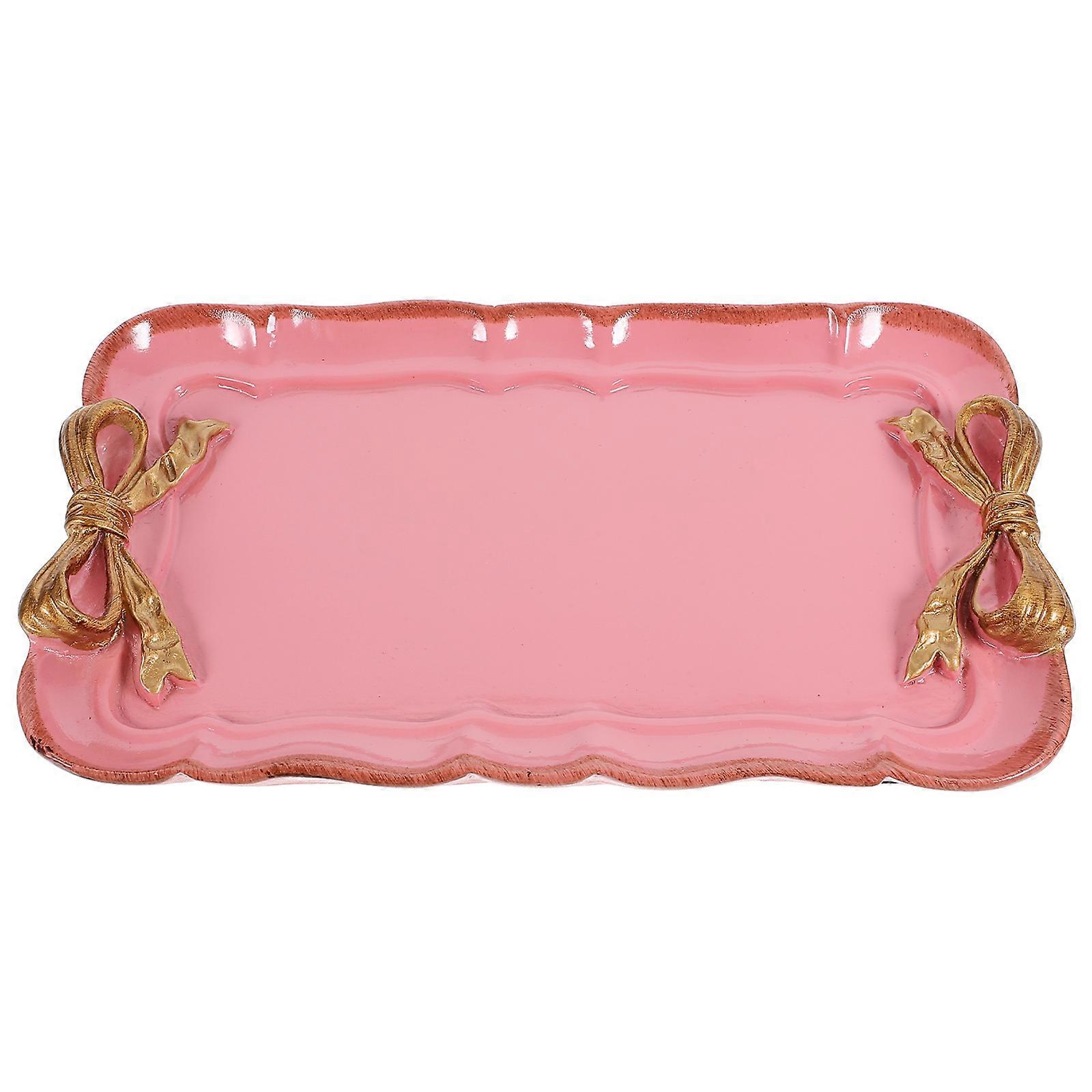 Pink Resin Dessert Plate with Bowknot Handle for Home Fruit and Snack Serving