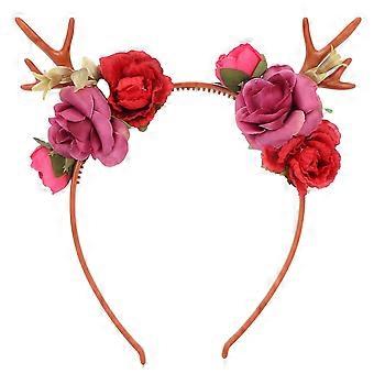 Fashionable Flower Reindeer Antlers Headband Floral Garland Crown for Party Cosplay Wedding ChristmasRed