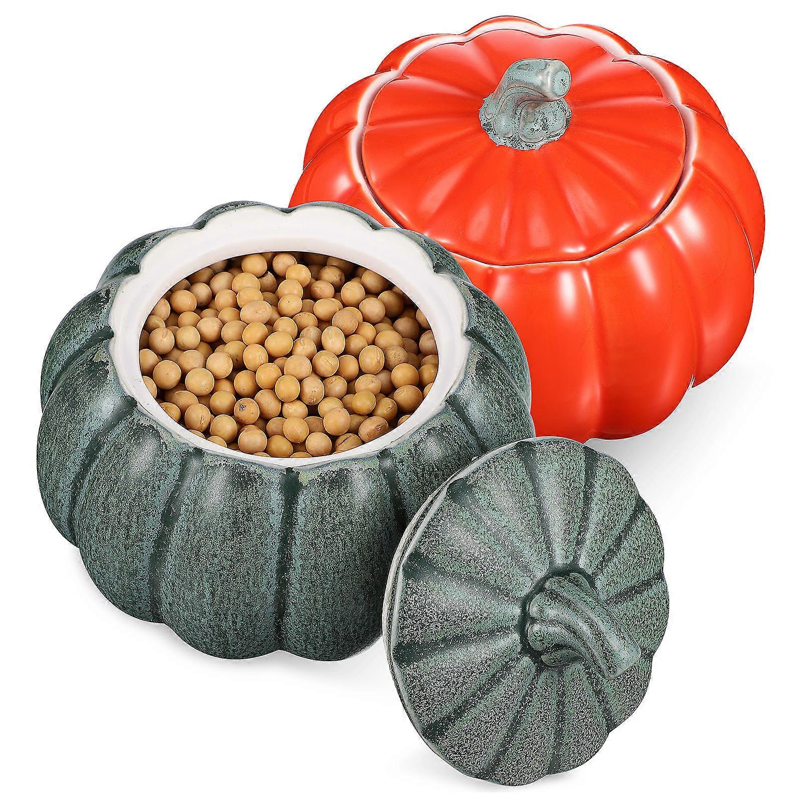 Pumpkin Shaped Ceramic Jars For Food Storage And Kitchen Use In Assorted Color With Dustproof Function 2Pcs