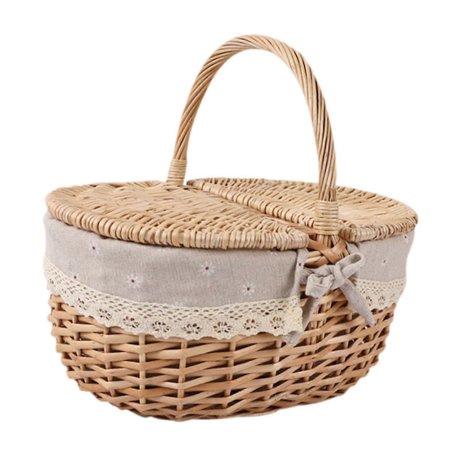 Wicker Picnic Basket Rattan Storage Serving Basket Small Beige Grey for Beach Camping Parties