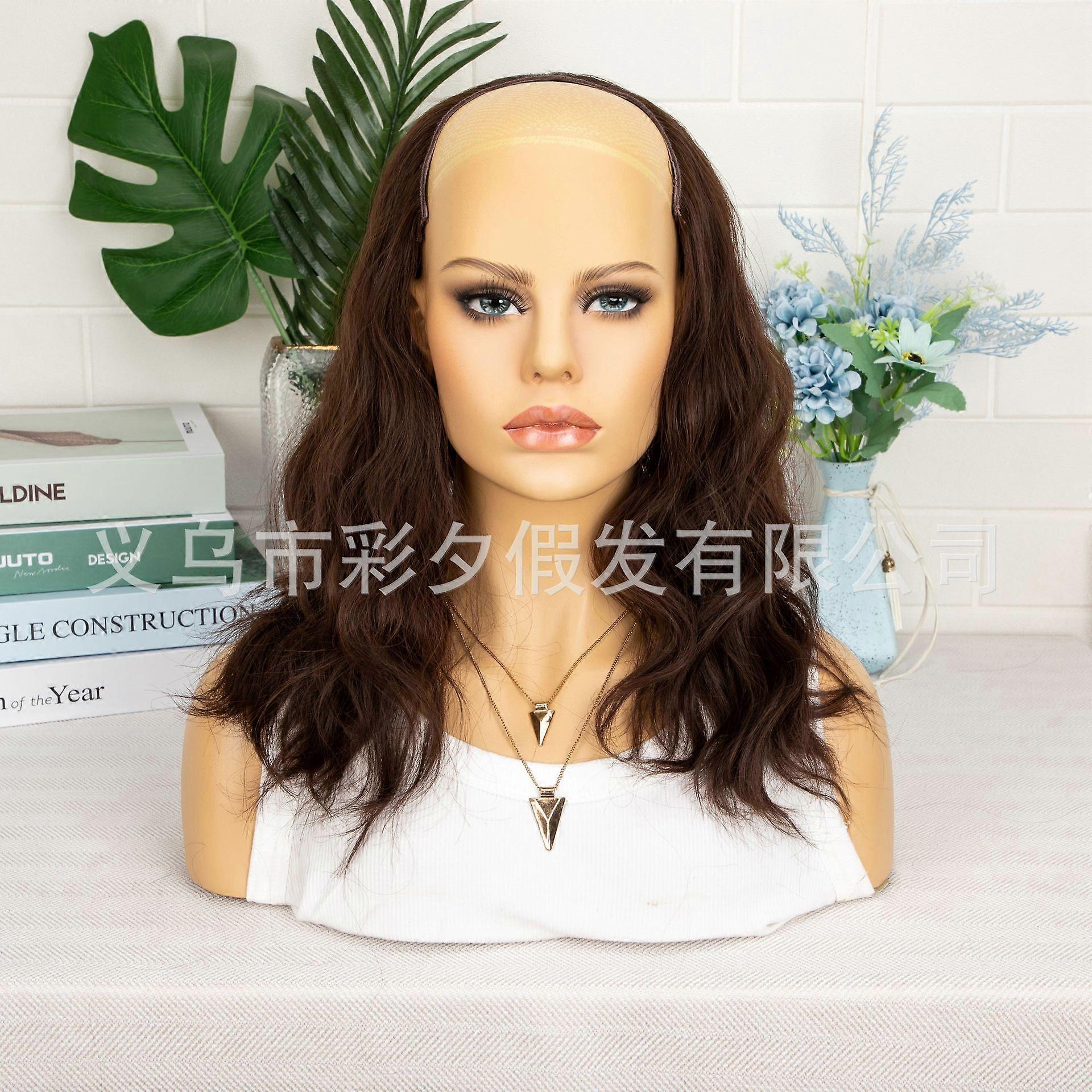 Wig women's medium-length curly wool curl brown half-wig hair extensions
