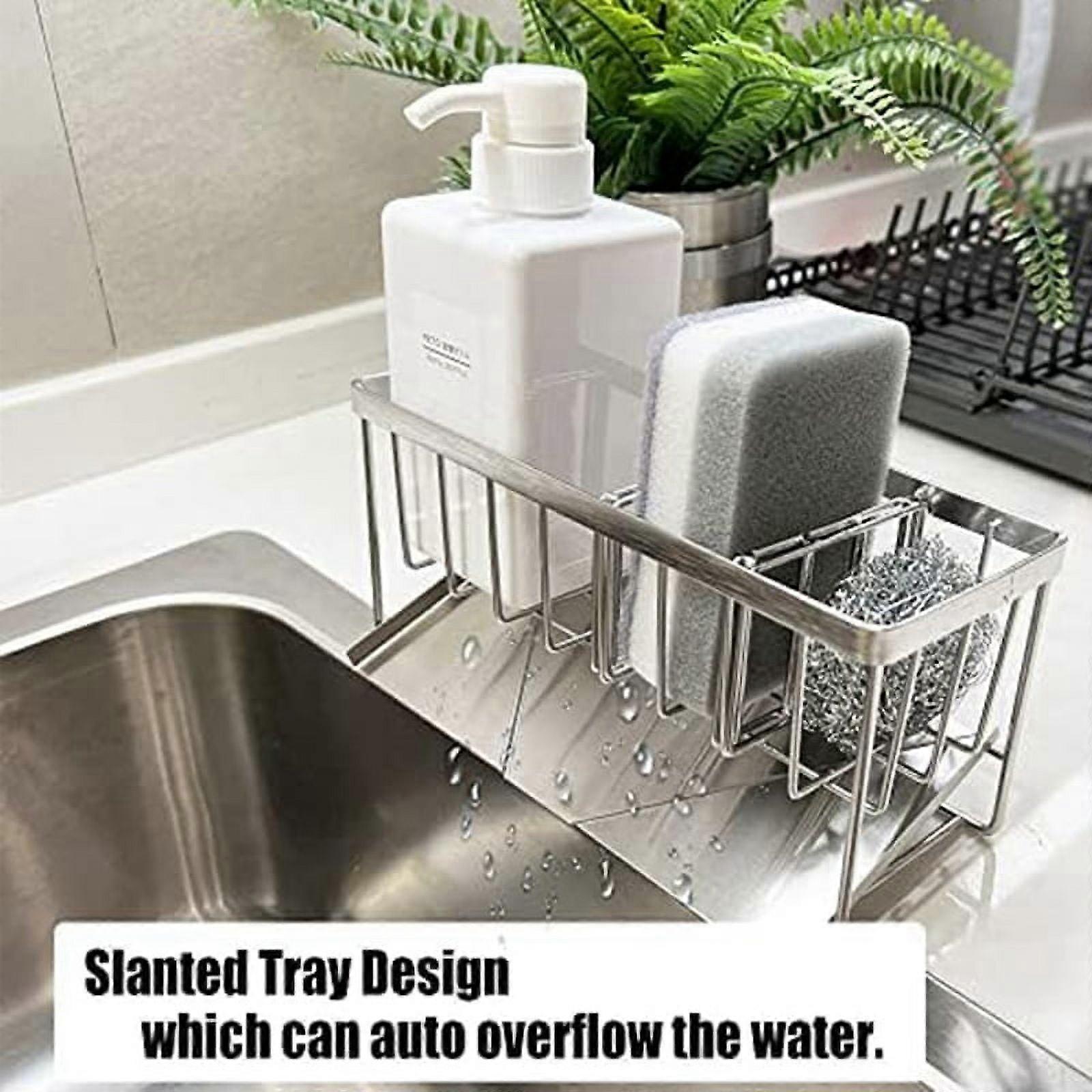 ckepdyeh Upgraded Sponge Holder for Kitchen Sink, Stainless Steel Sponge Rack with Auto Overflow, Multifunctional Kitchen Sink