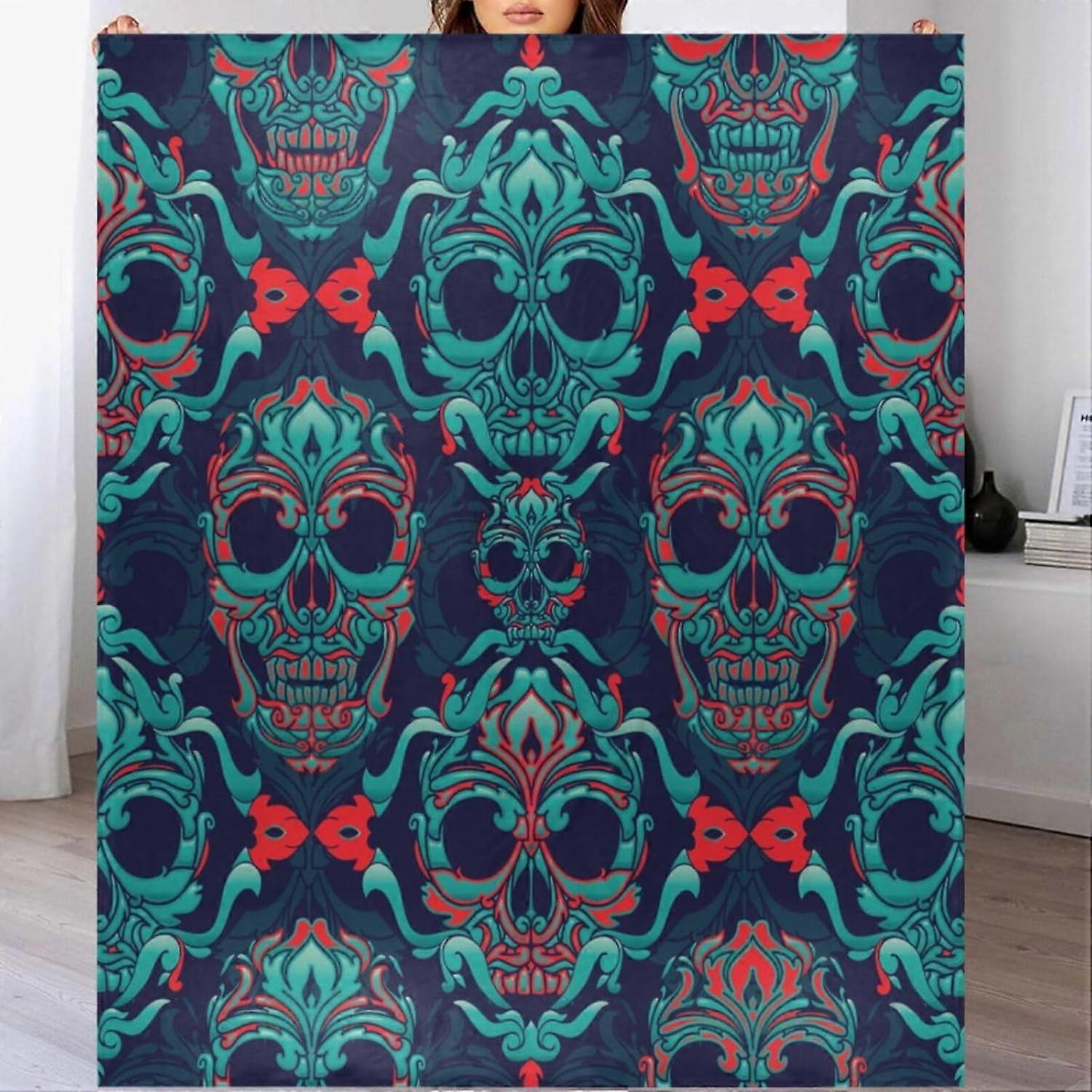 50x60" Throw Blanket for Couch - Skulls Day of The Dead, Soft Green Flannel Fleece, Lightweight Warm Fuzzy Blanket for Bed, Sofa, Chair