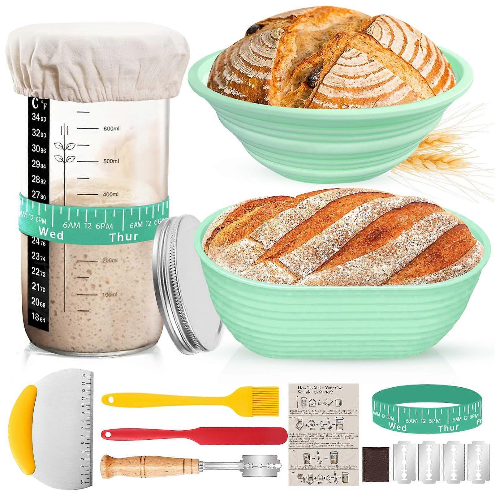 Sourdough Starter Kit 34oz Jar, 9In Round & 10In Oval Proofing Baskets, Thermometer, Time Tracker, Metal Scraper, Green
